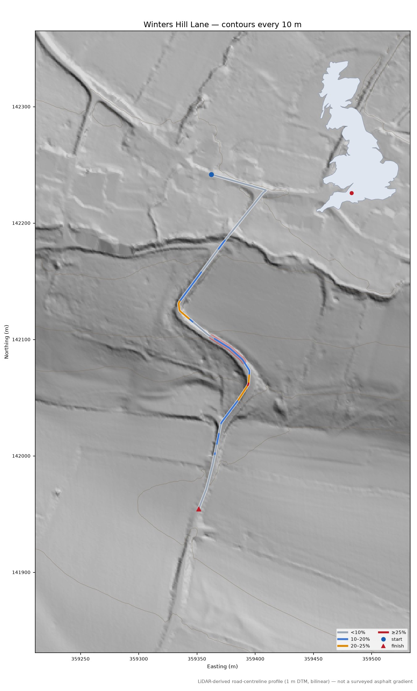 Winters Hill Lane LiDAR hillshade map with contours