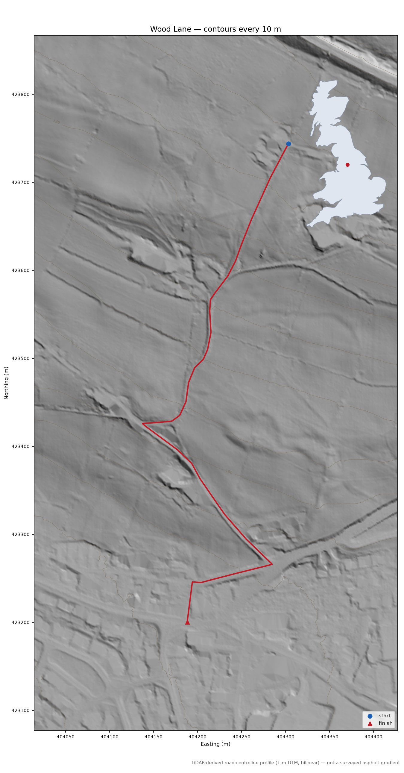 Wood Lane LiDAR hillshade map with contours
