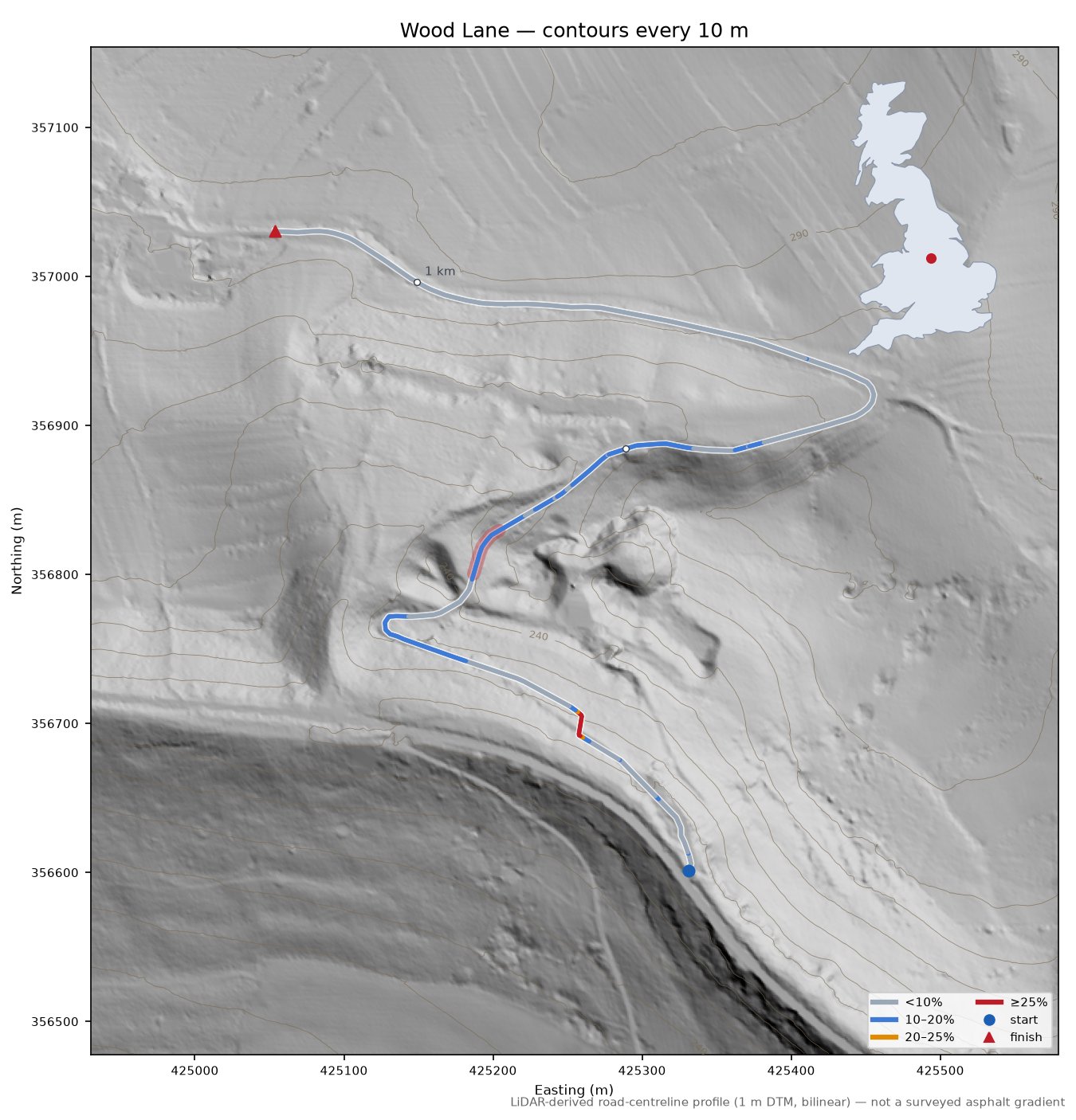 Wood Lane LiDAR hillshade map with contours