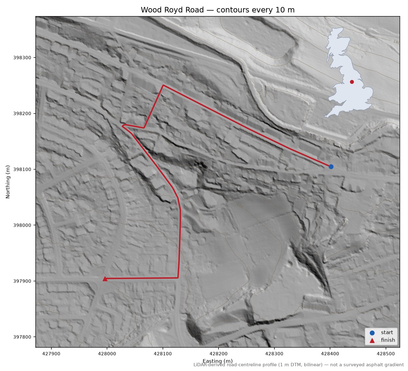 Wood Royd Road LiDAR hillshade map with contours