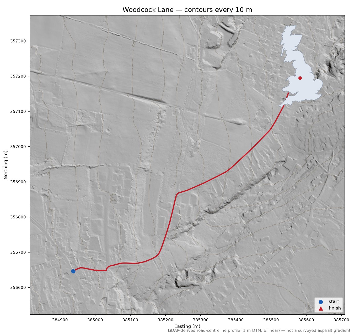 Woodcock Lane LiDAR hillshade map with contours