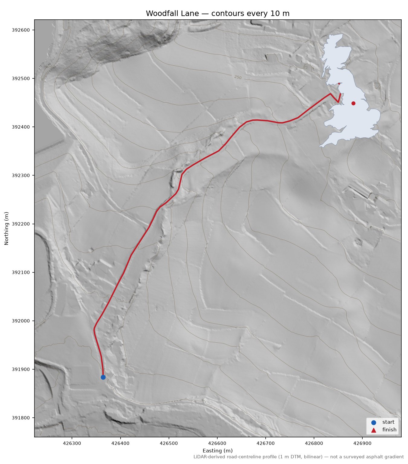 Woodfall Lane LiDAR hillshade map with contours