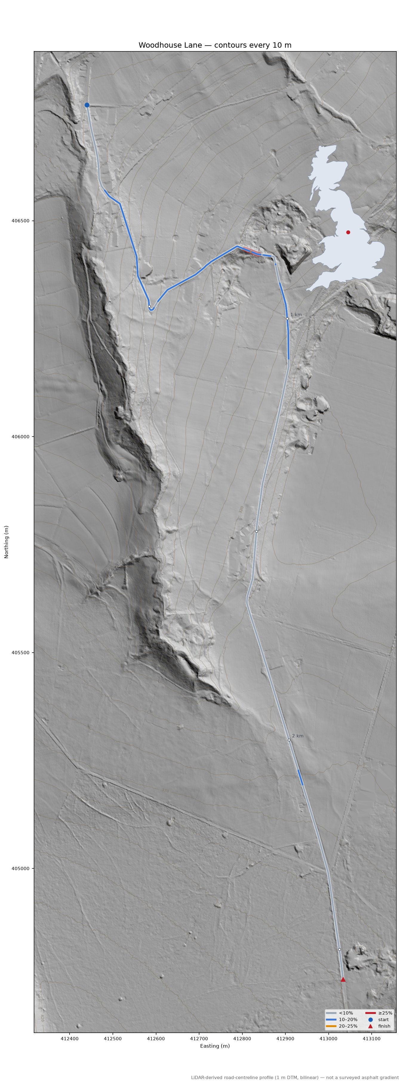 Woodhouse Lane LiDAR hillshade map with contours