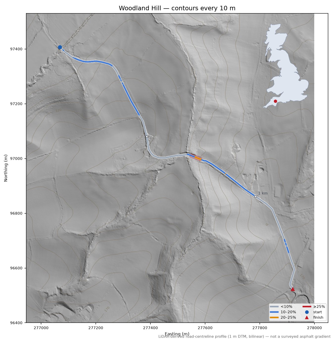 Woodland Hill LiDAR hillshade map with contours