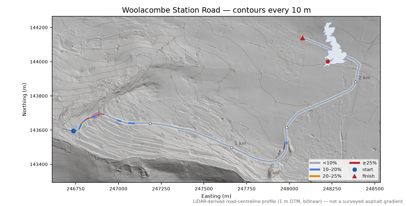 Woolacombe Station Road LiDAR hillshade map with contours