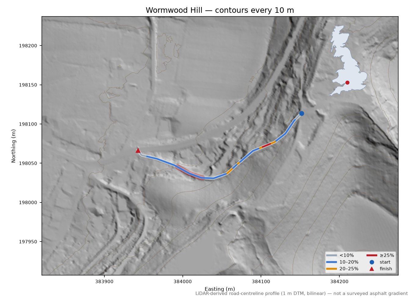 Wormwood Hill LiDAR hillshade map with contours
