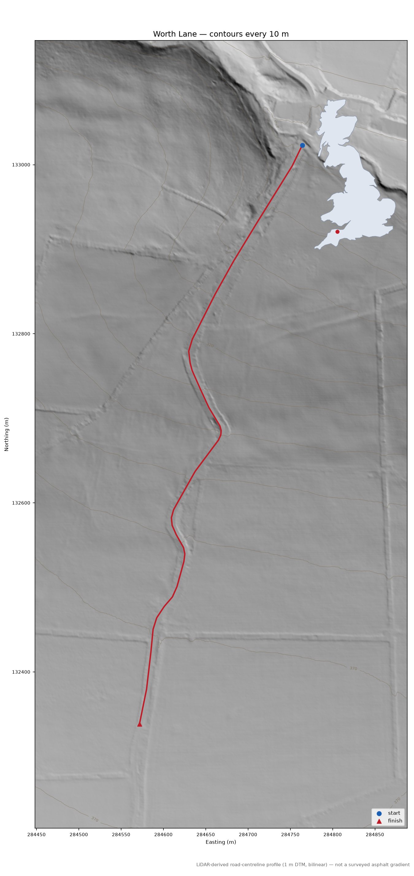 Worth Lane LiDAR hillshade map with contours