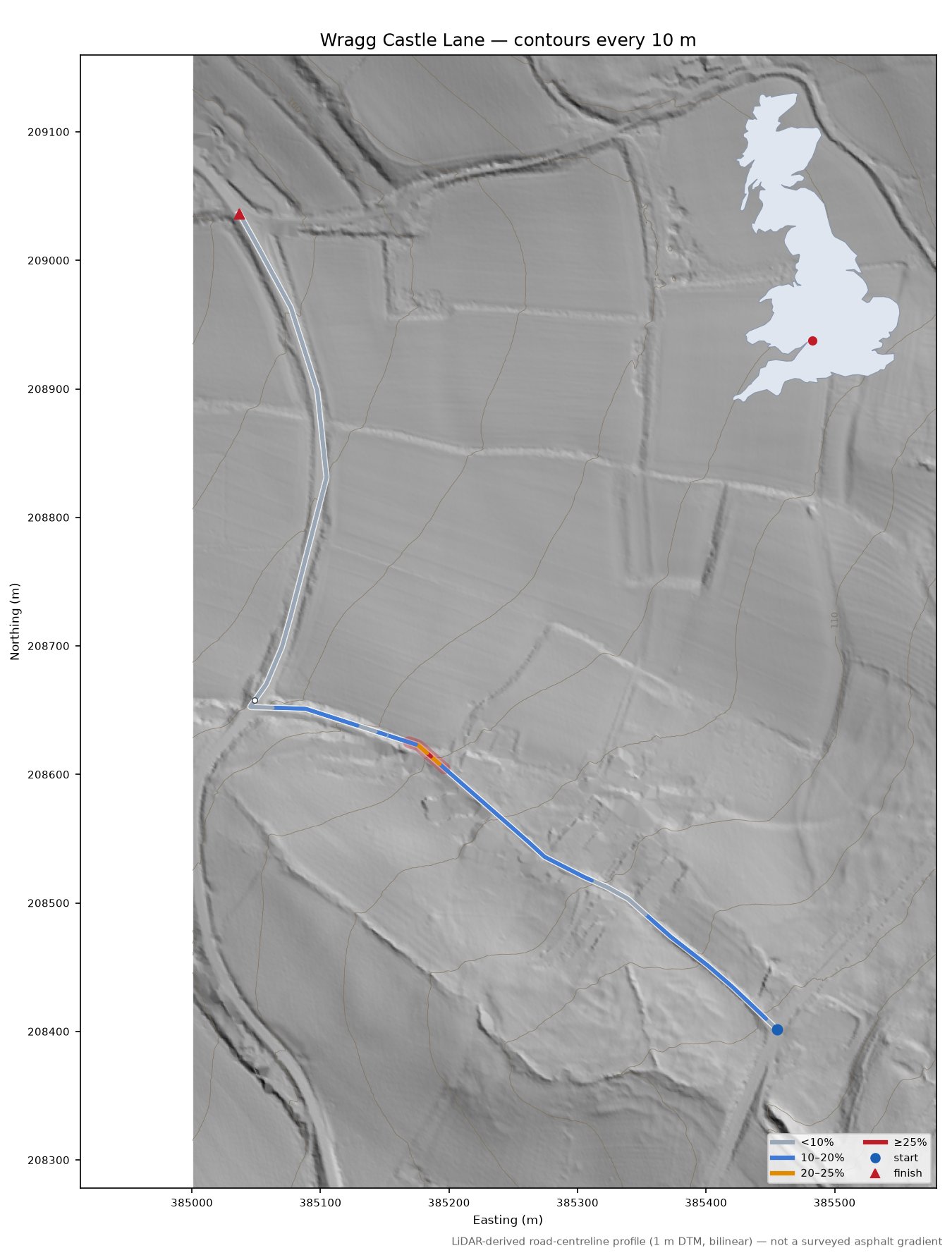 Wragg Castle Lane LiDAR hillshade map with contours