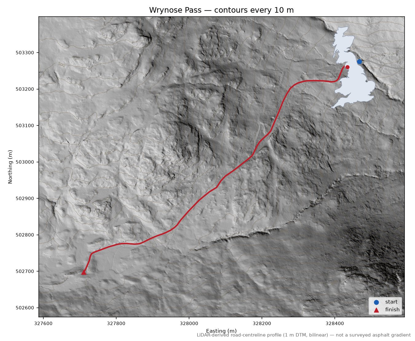Wrynose Pass LiDAR hillshade map with contours