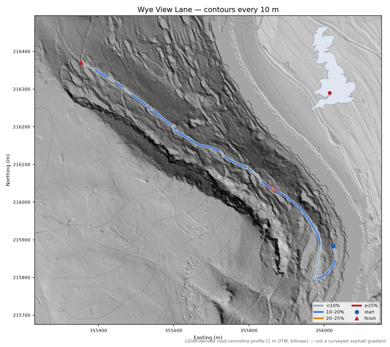 Wye View Lane LiDAR hillshade map with contours