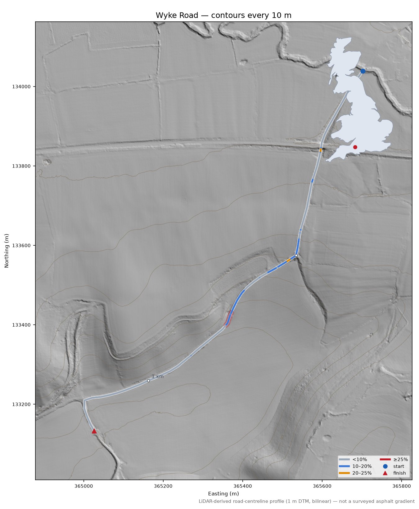 Wyke Road LiDAR hillshade map with contours