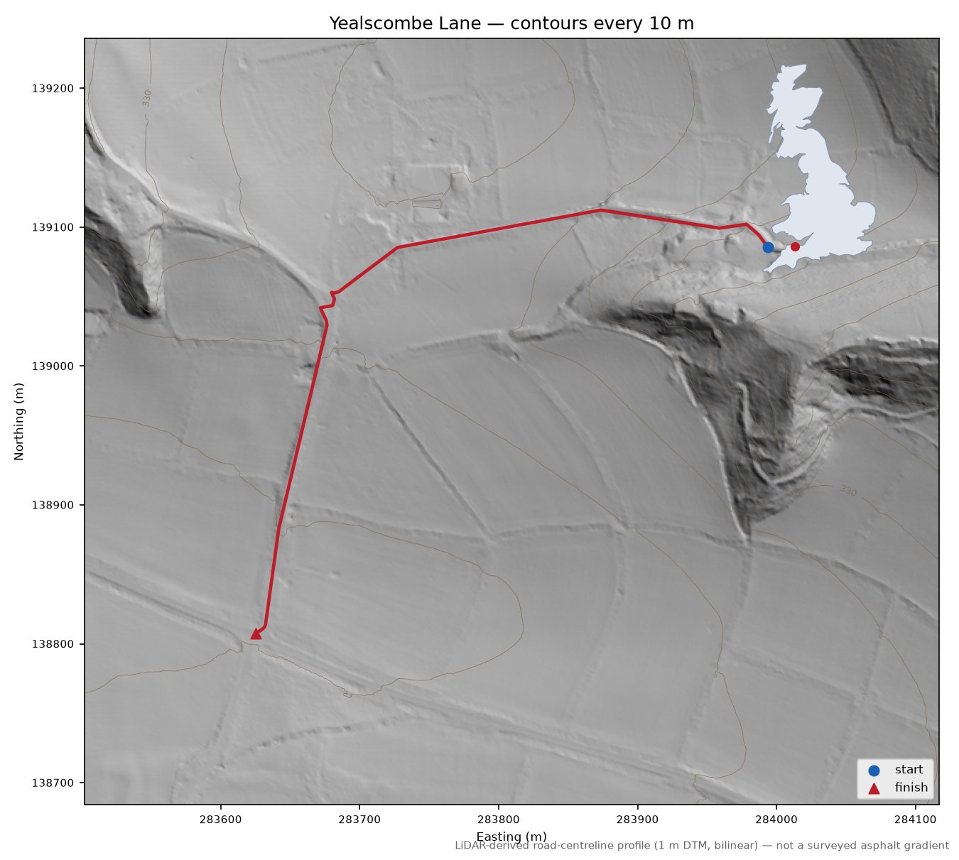 Yealscombe Lane LiDAR hillshade map with contours