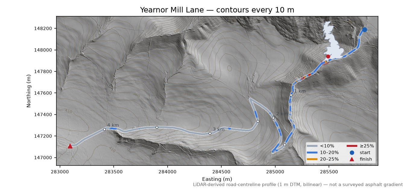 Yearnor Mill Lane LiDAR hillshade map with contours