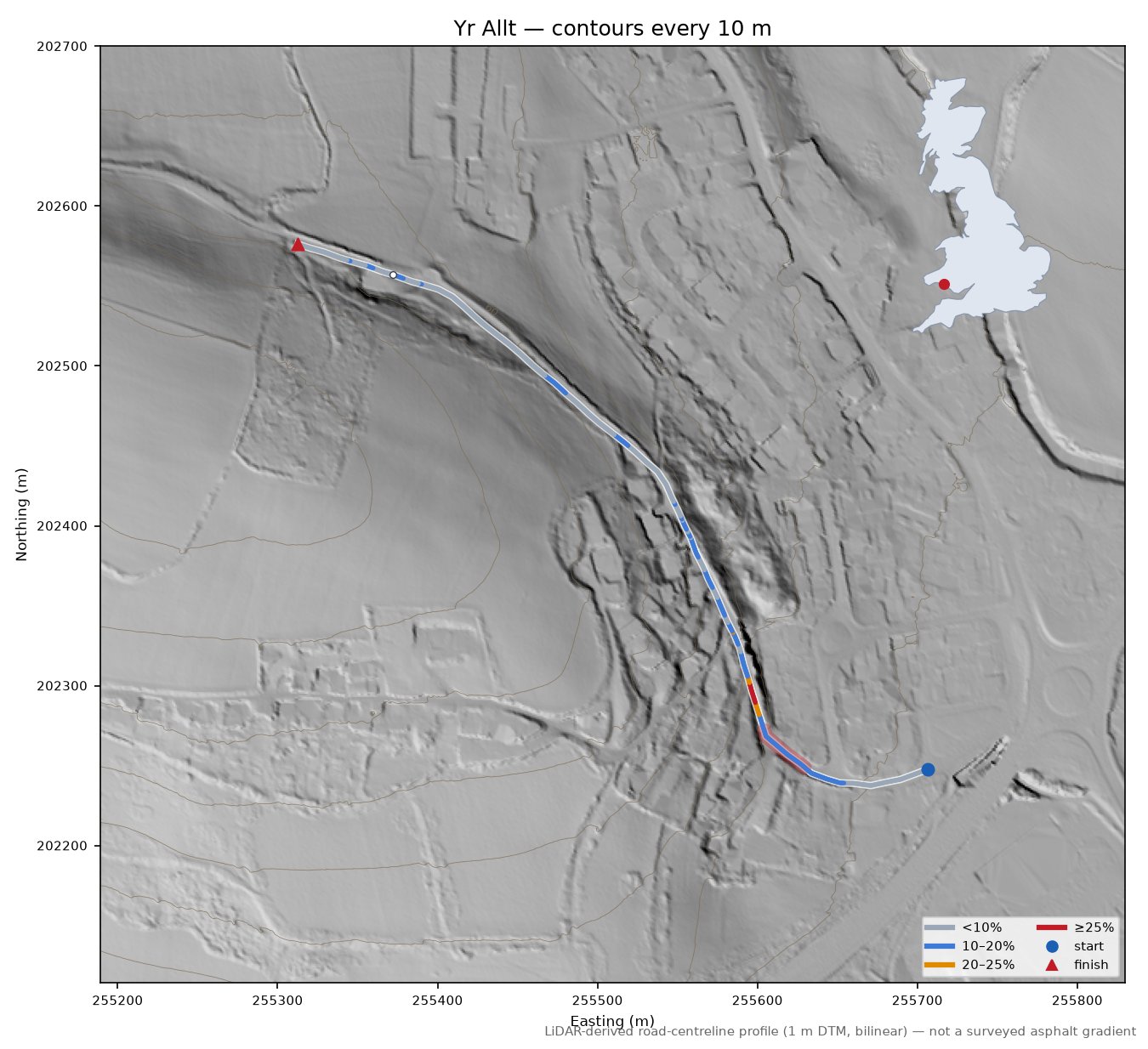 Yr Allt LiDAR hillshade map with contours