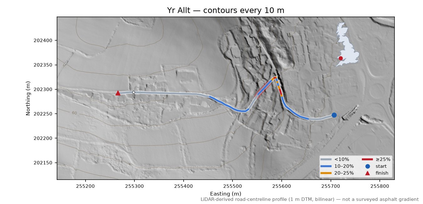 Yr Allt LiDAR hillshade map with contours