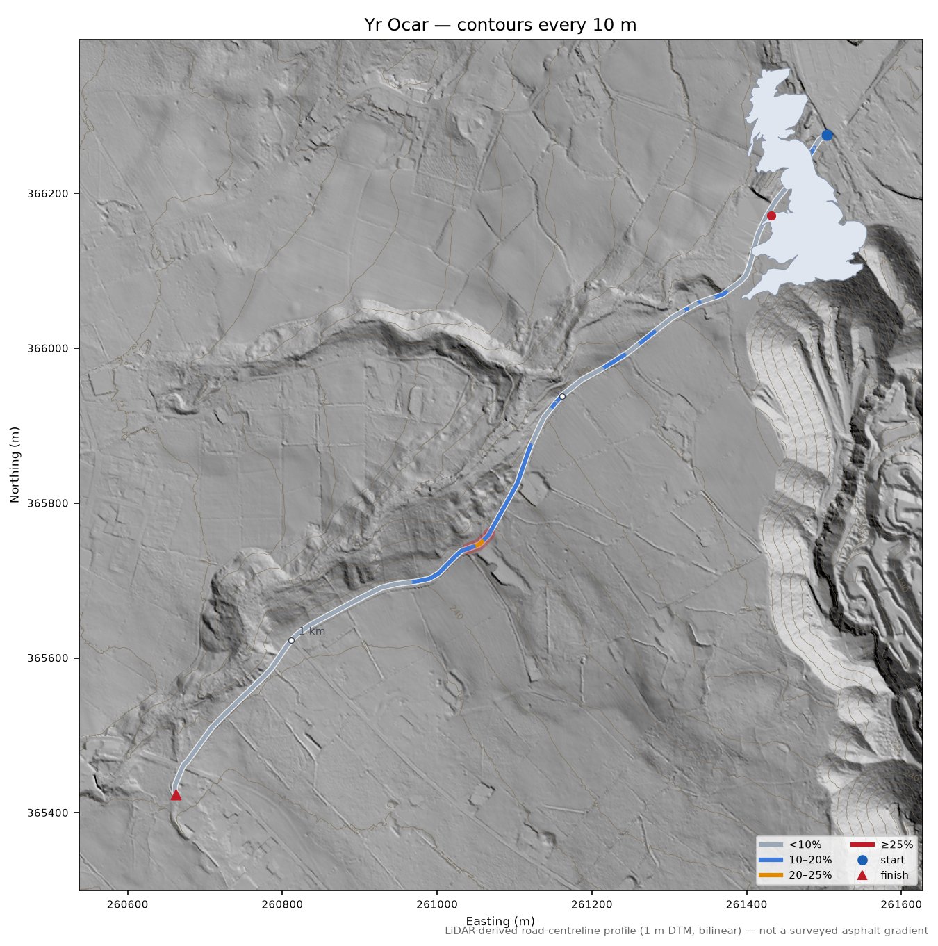 Yr Ocar LiDAR hillshade map with contours