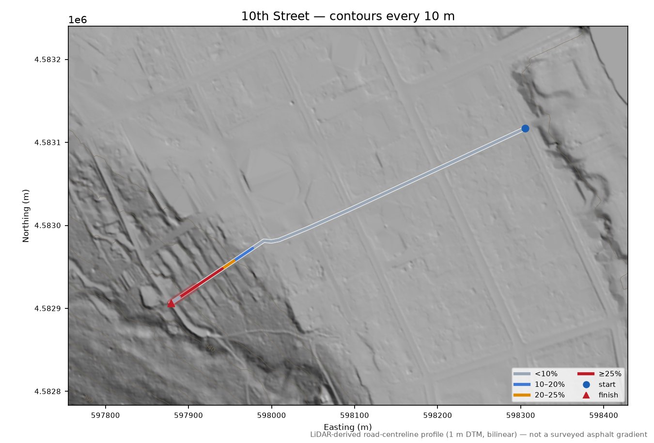 10th Street LiDAR hillshade map with contours