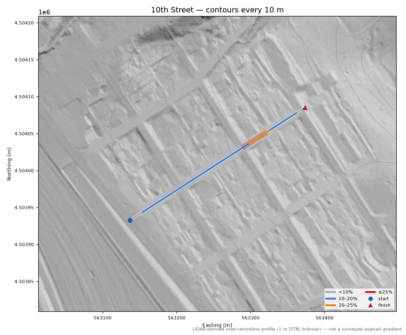 10th Street LiDAR hillshade map with contours