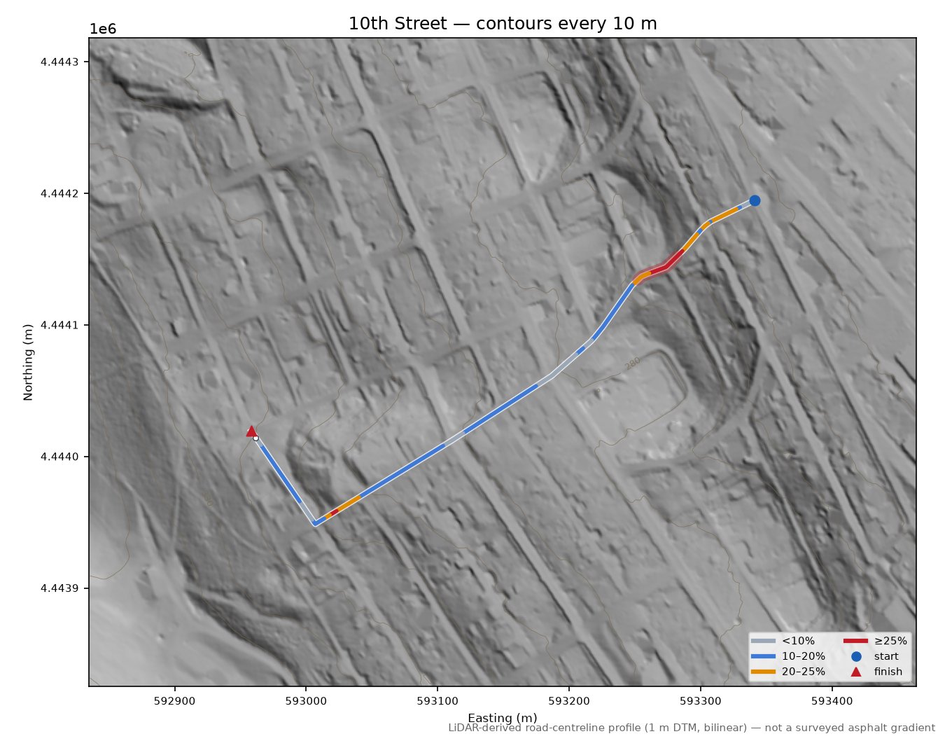 10th Street LiDAR hillshade map with contours