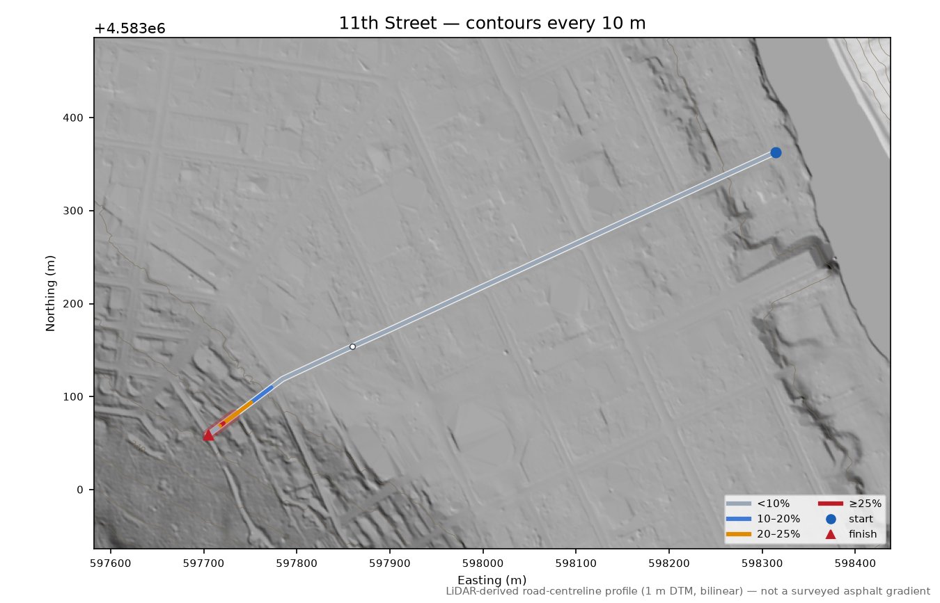 11th Street LiDAR hillshade map with contours