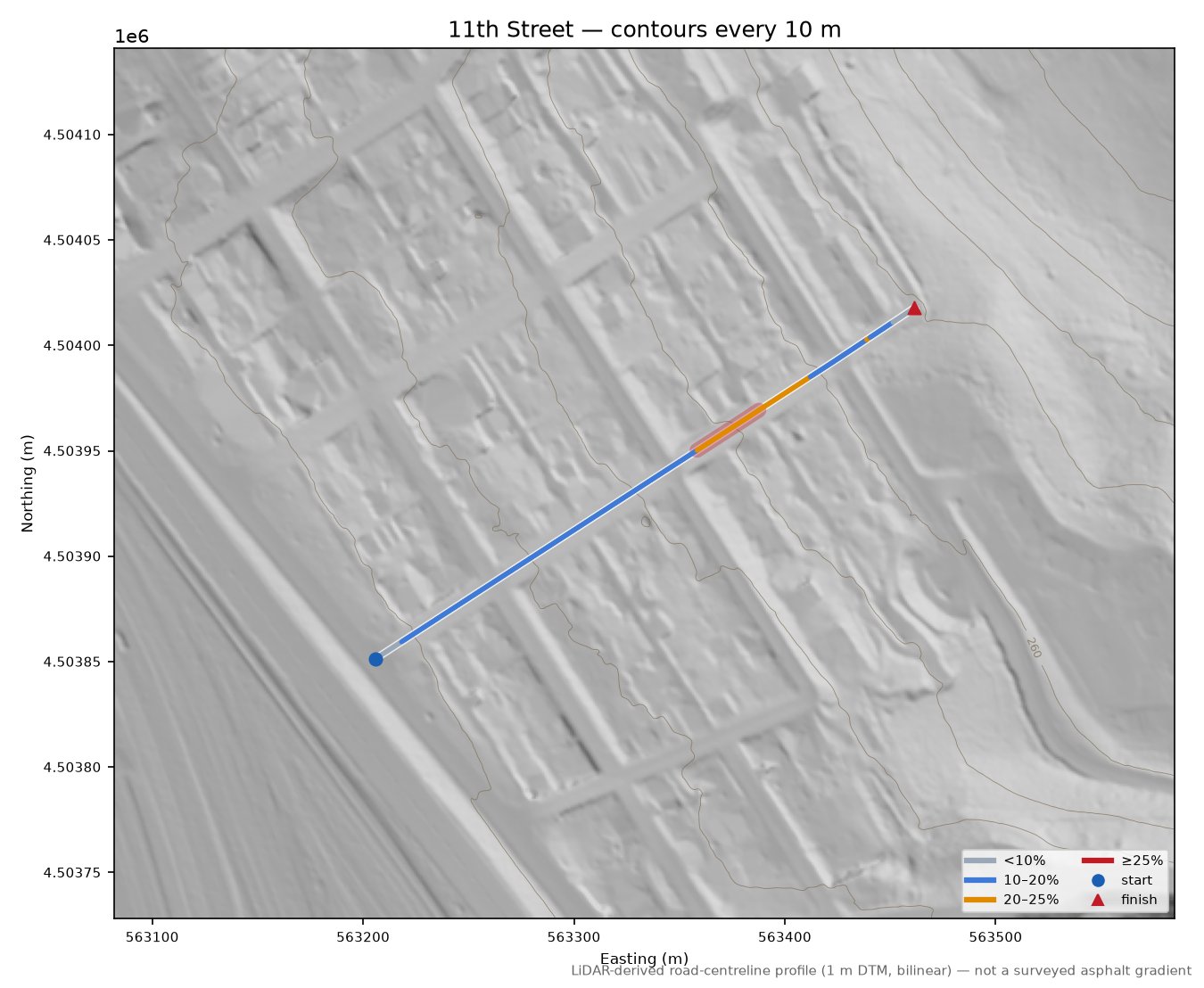 11th Street LiDAR hillshade map with contours
