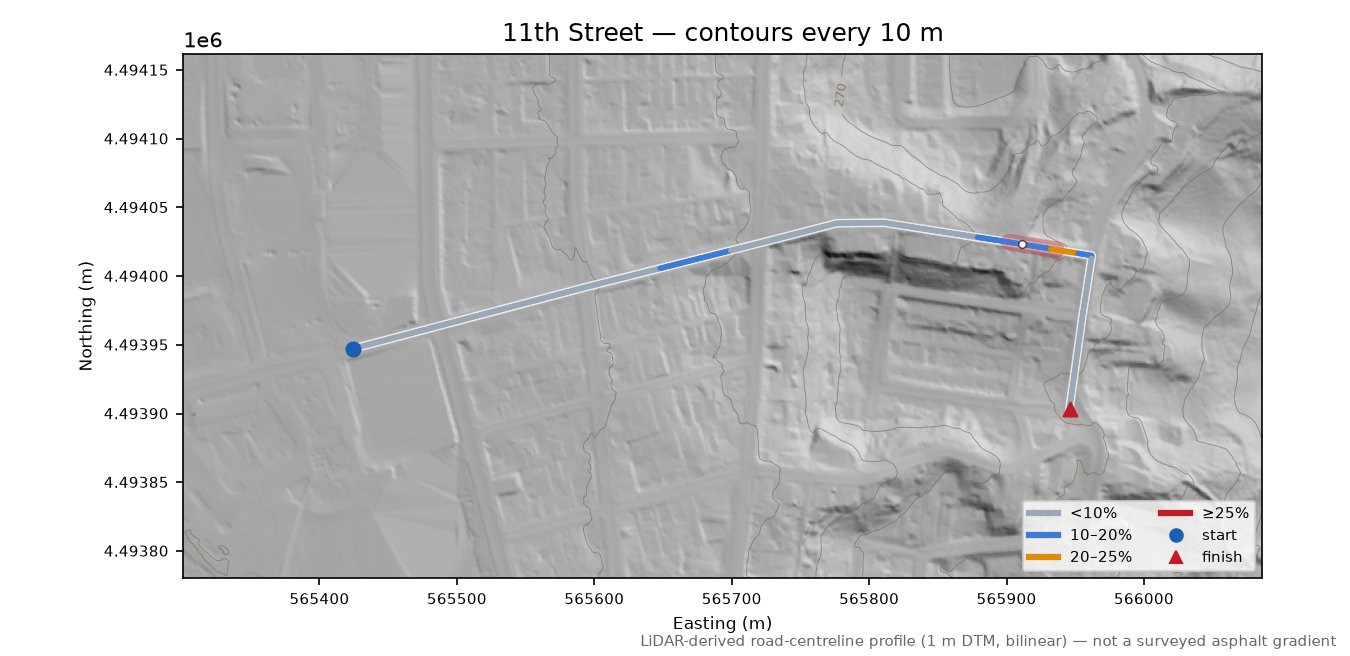 11th Street LiDAR hillshade map with contours