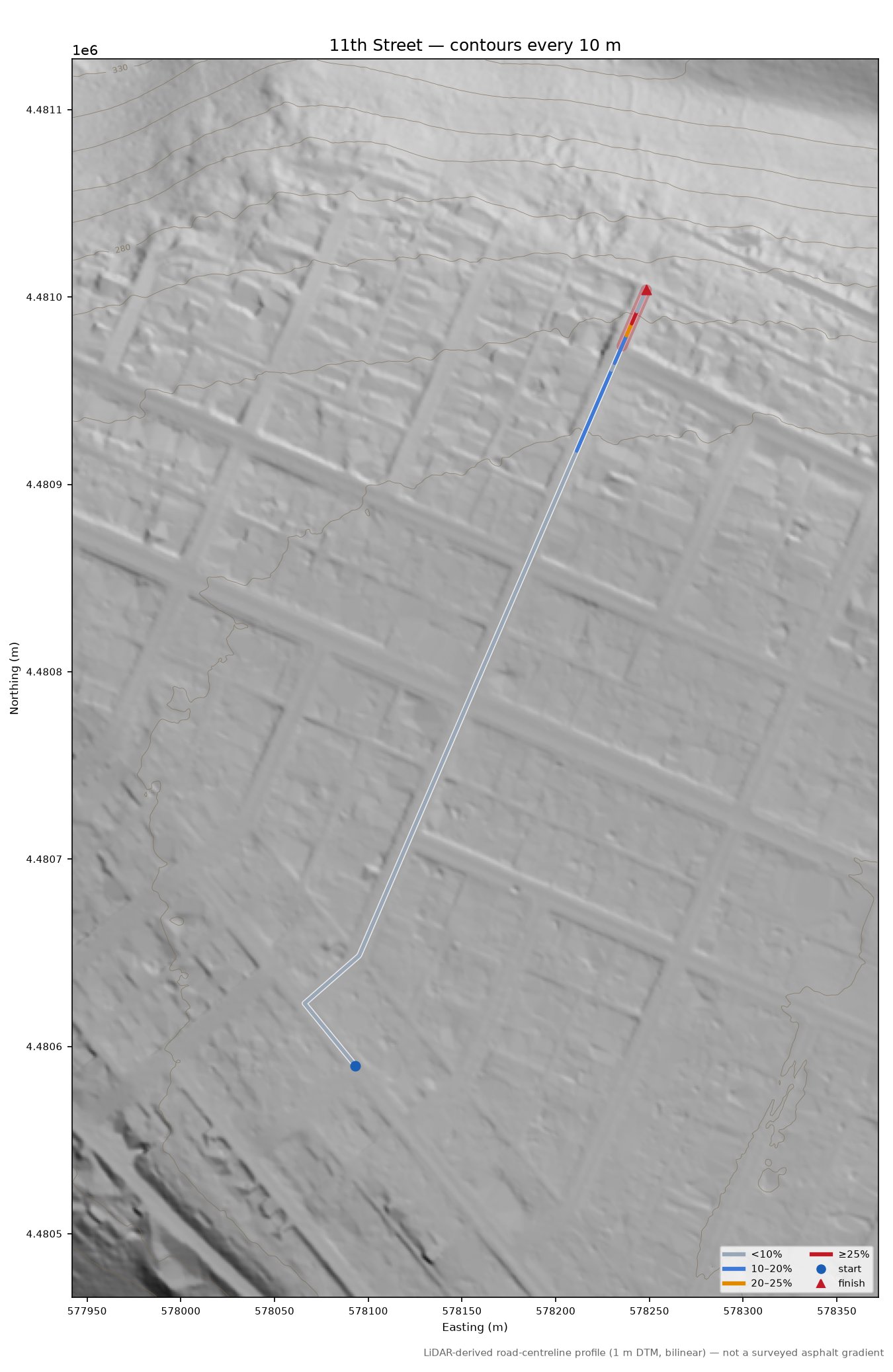 11th Street LiDAR hillshade map with contours