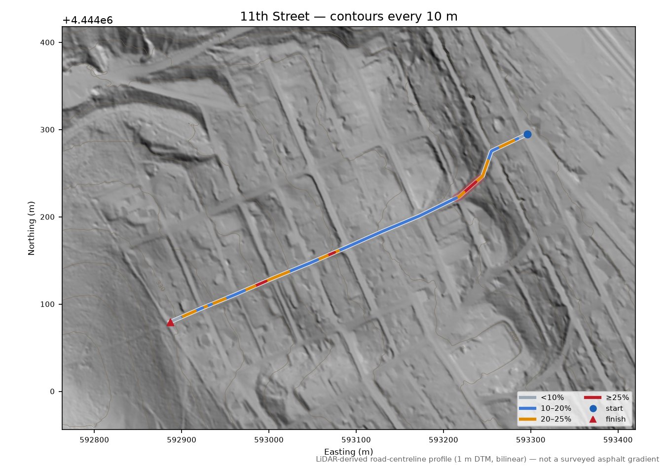 11th Street LiDAR hillshade map with contours