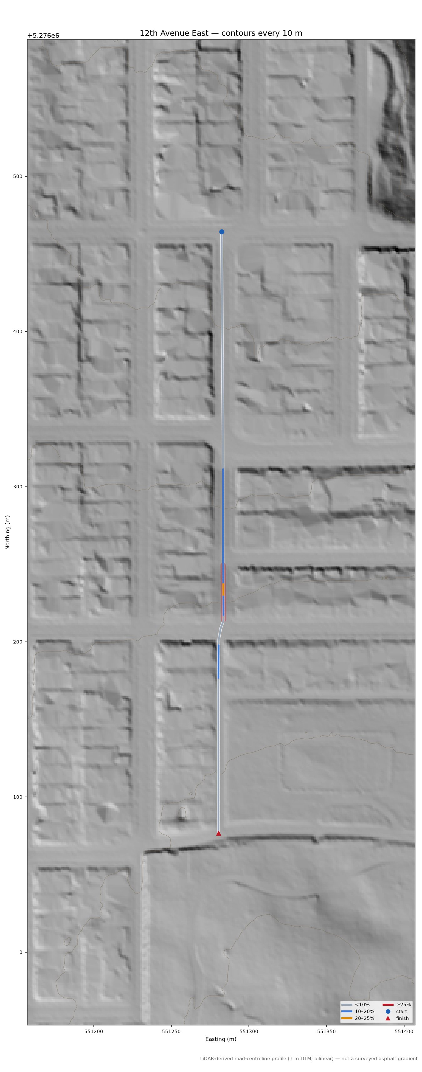 12th Avenue East LiDAR hillshade map with contours