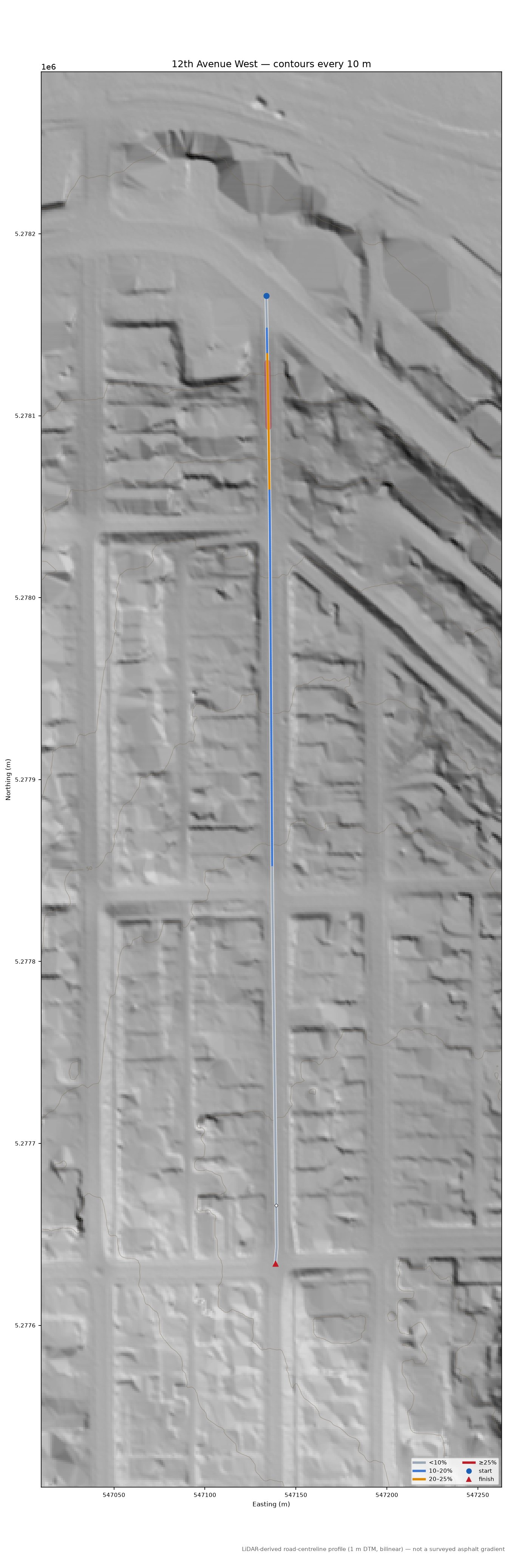 12th Avenue West LiDAR hillshade map with contours