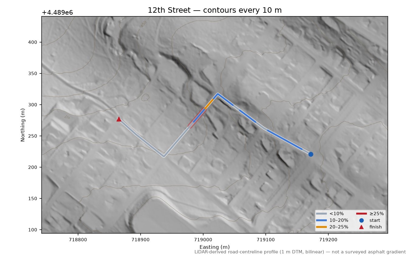 12th Street LiDAR hillshade map with contours