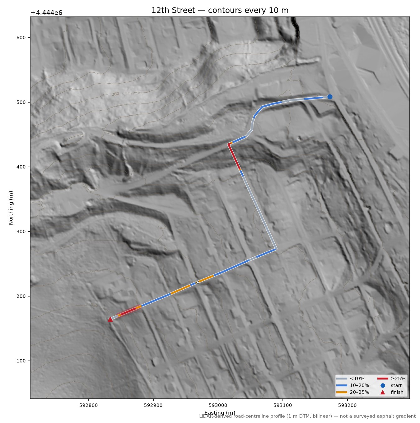 12th Street LiDAR hillshade map with contours