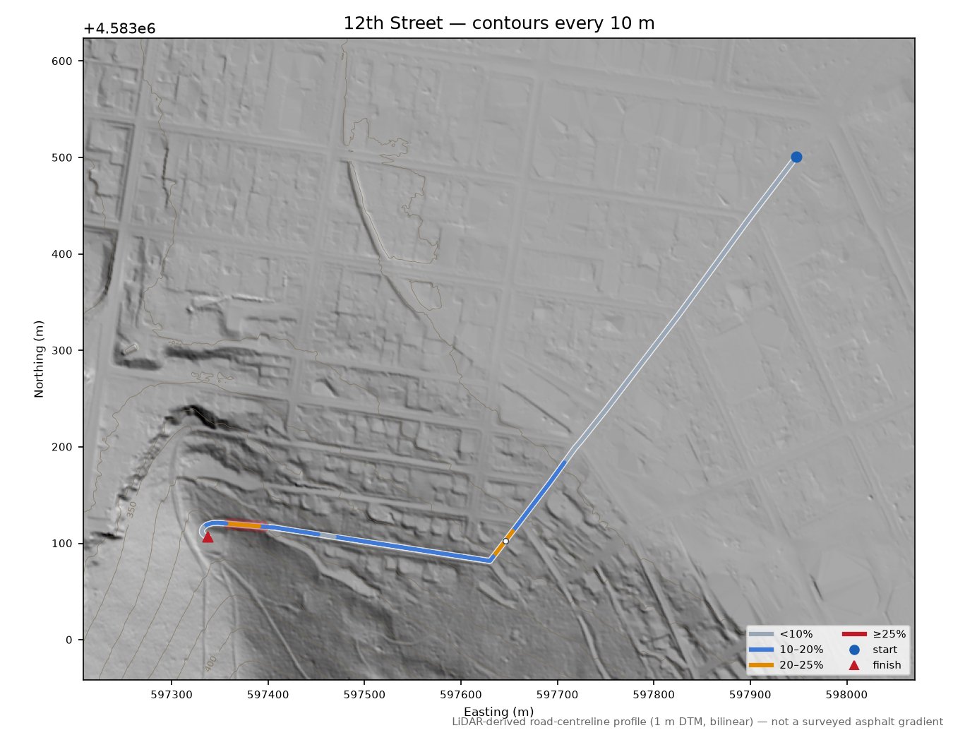 12th Street LiDAR hillshade map with contours