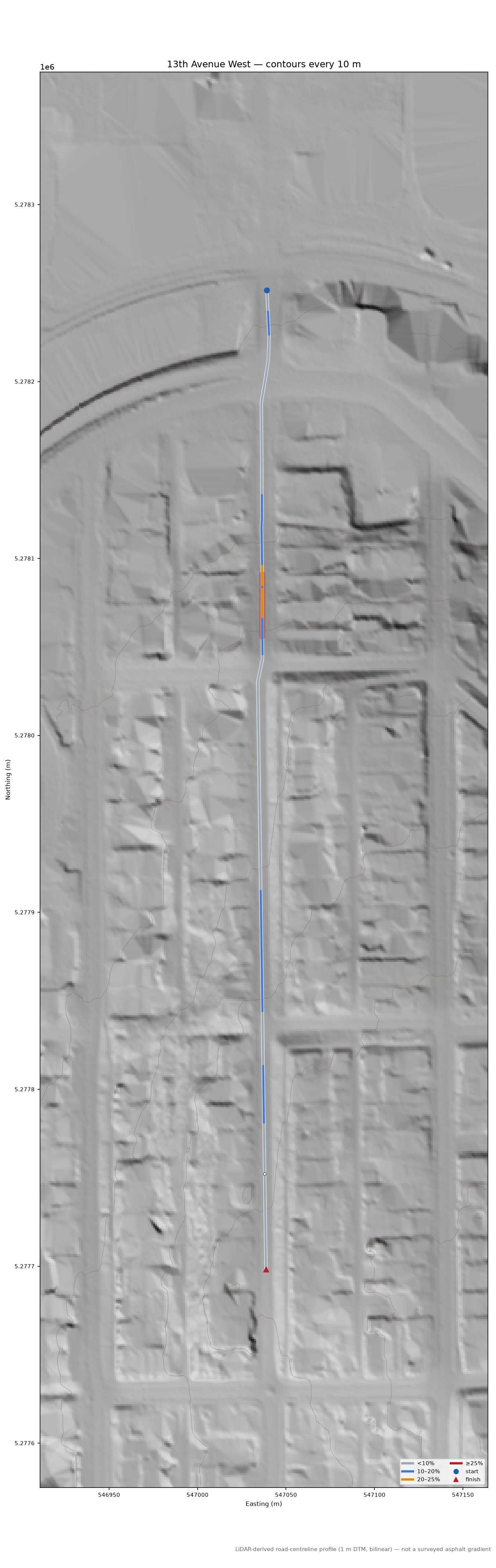 13th Avenue West LiDAR hillshade map with contours