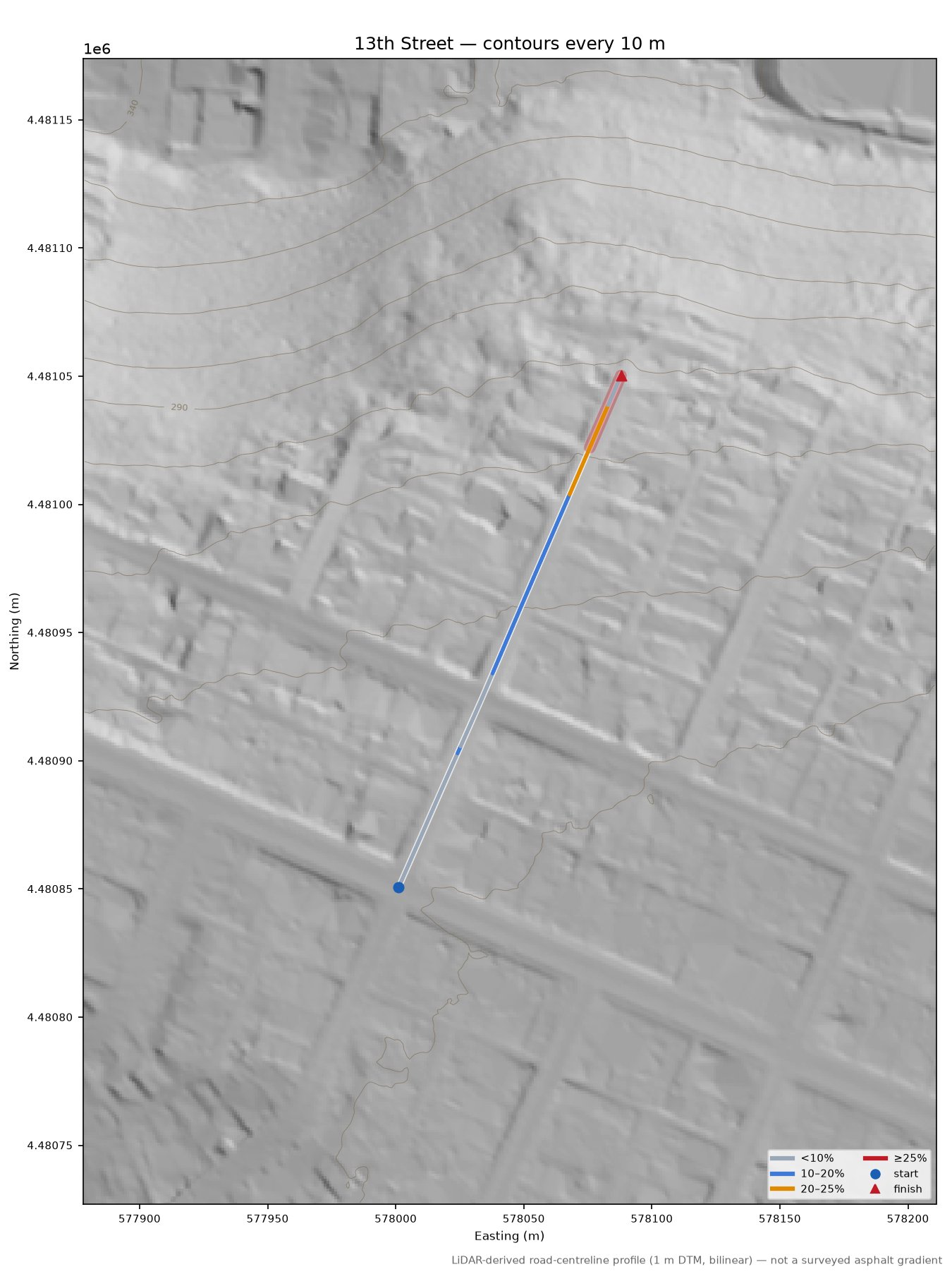 13th Street LiDAR hillshade map with contours