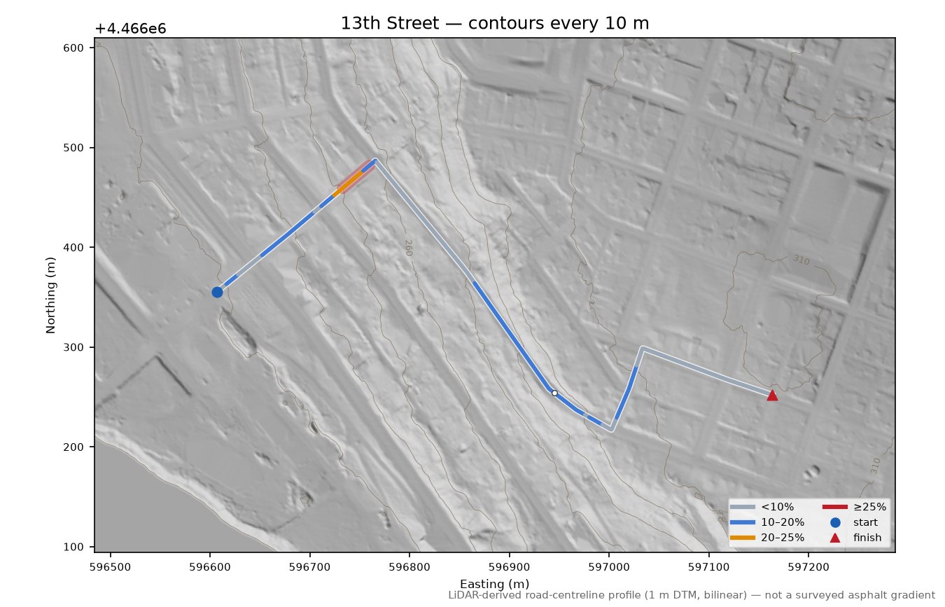 13th Street LiDAR hillshade map with contours