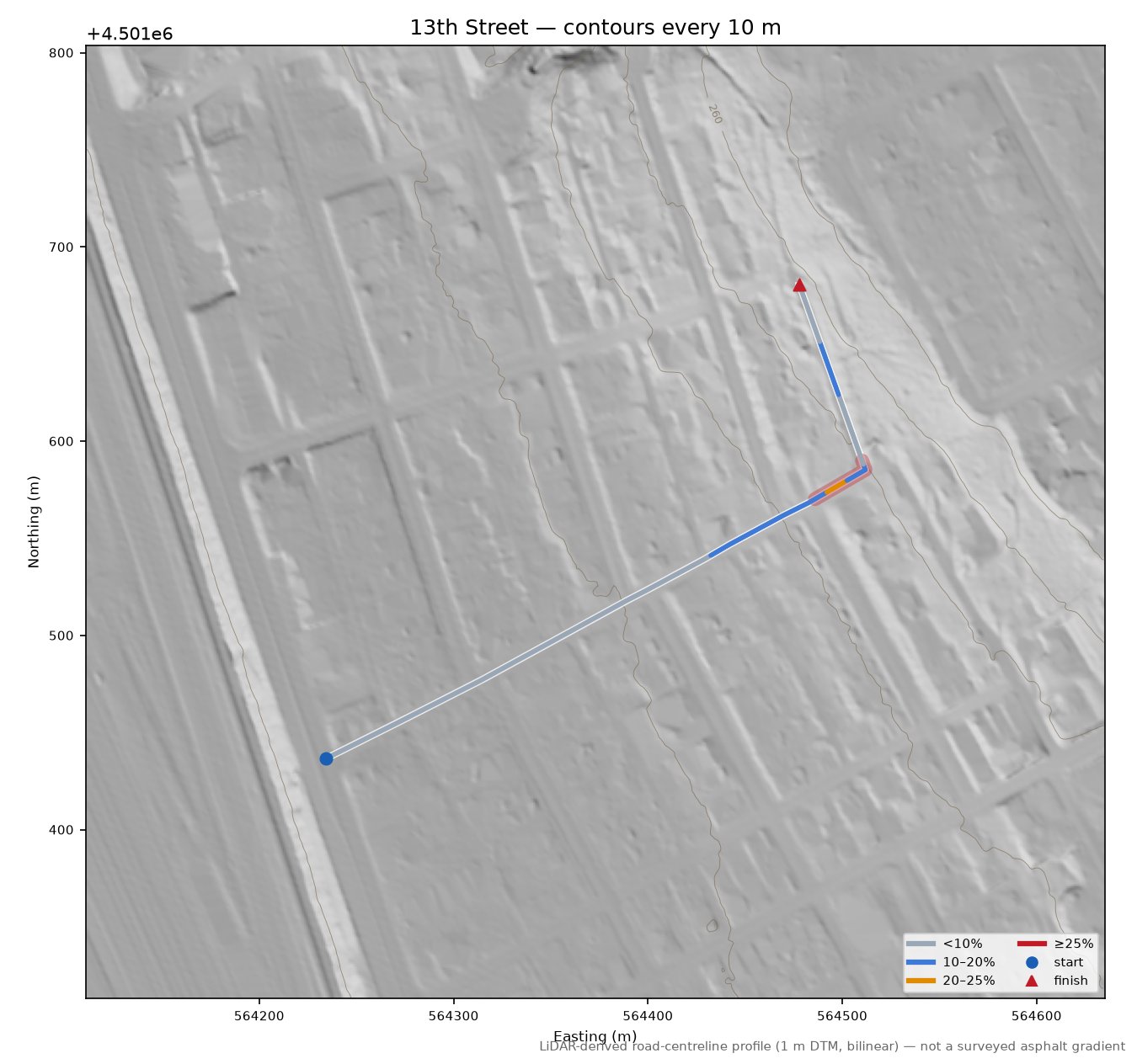 13th Street LiDAR hillshade map with contours