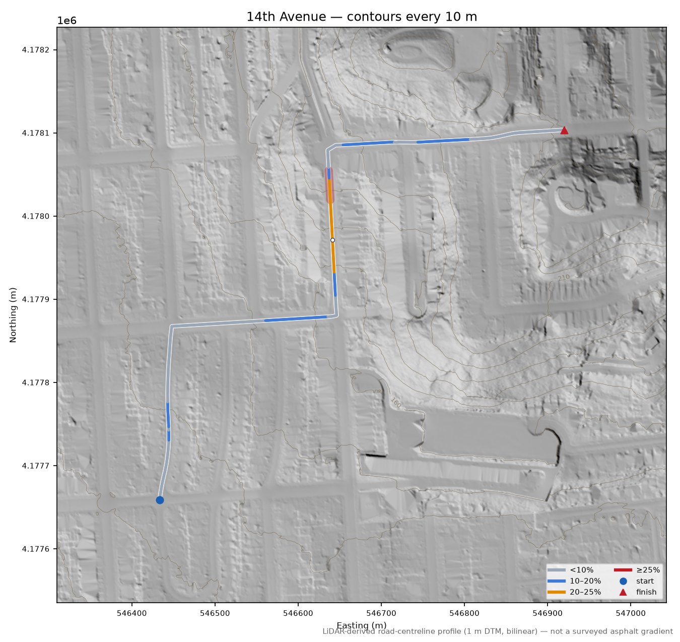14th Avenue LiDAR hillshade map with contours
