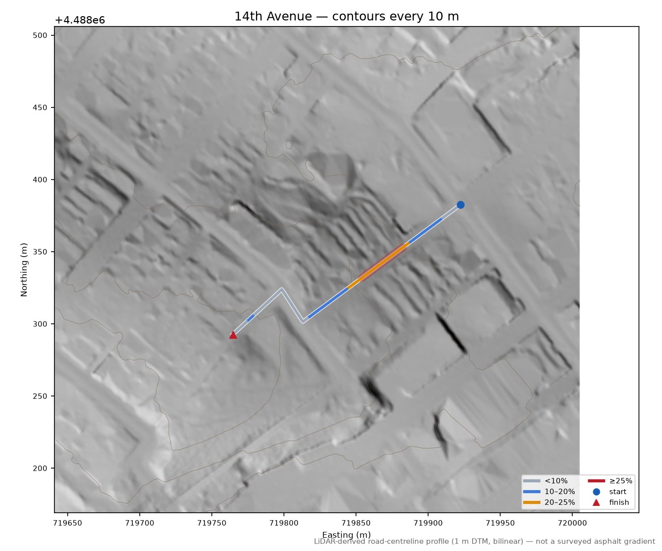 14th Avenue LiDAR hillshade map with contours