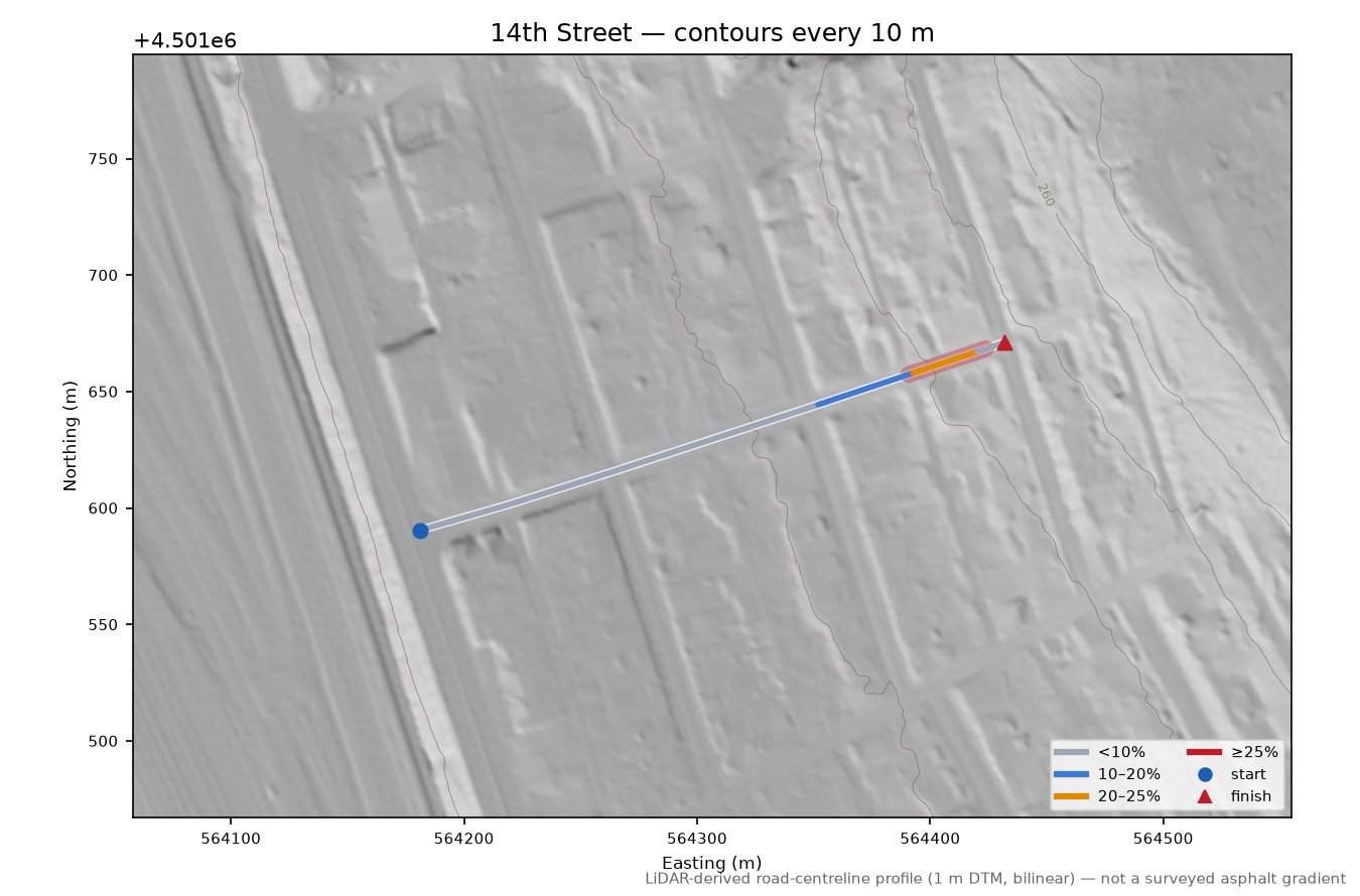 14th Street LiDAR hillshade map with contours