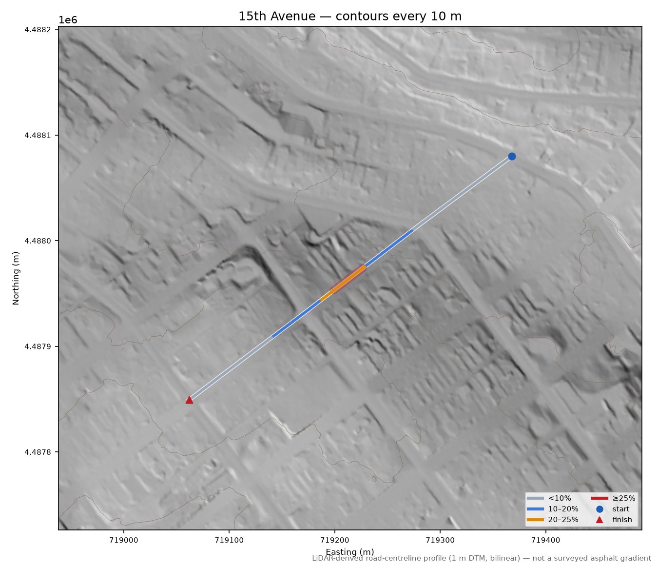 15th Avenue LiDAR hillshade map with contours