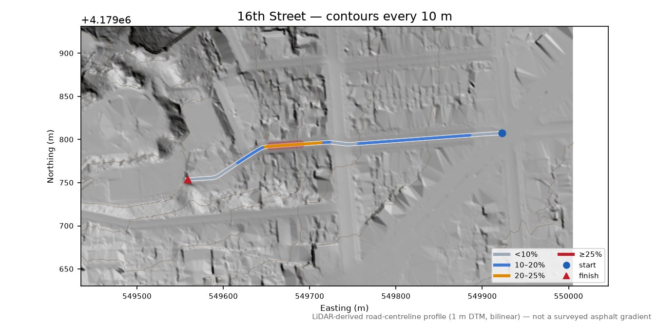 16th Street LiDAR hillshade map with contours