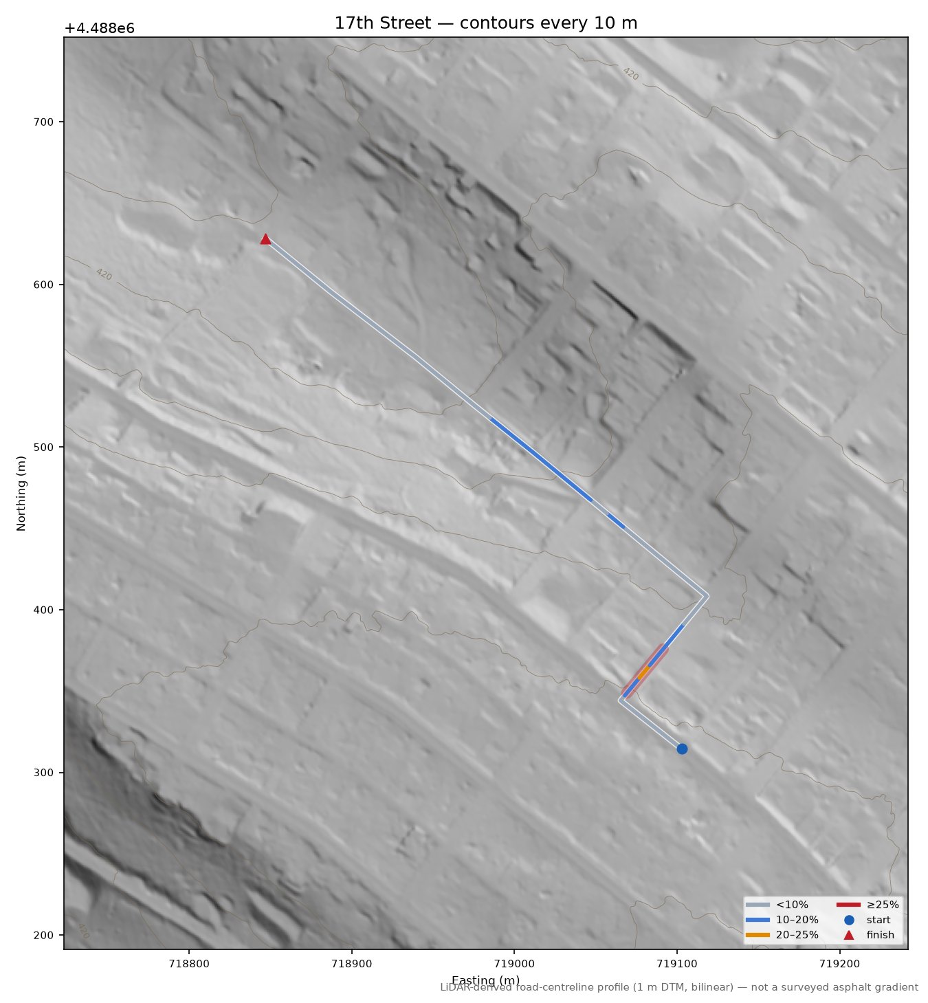 17th Street LiDAR hillshade map with contours