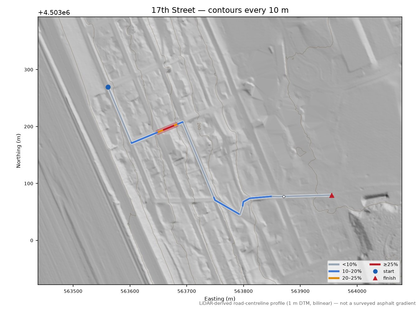 17th Street LiDAR hillshade map with contours
