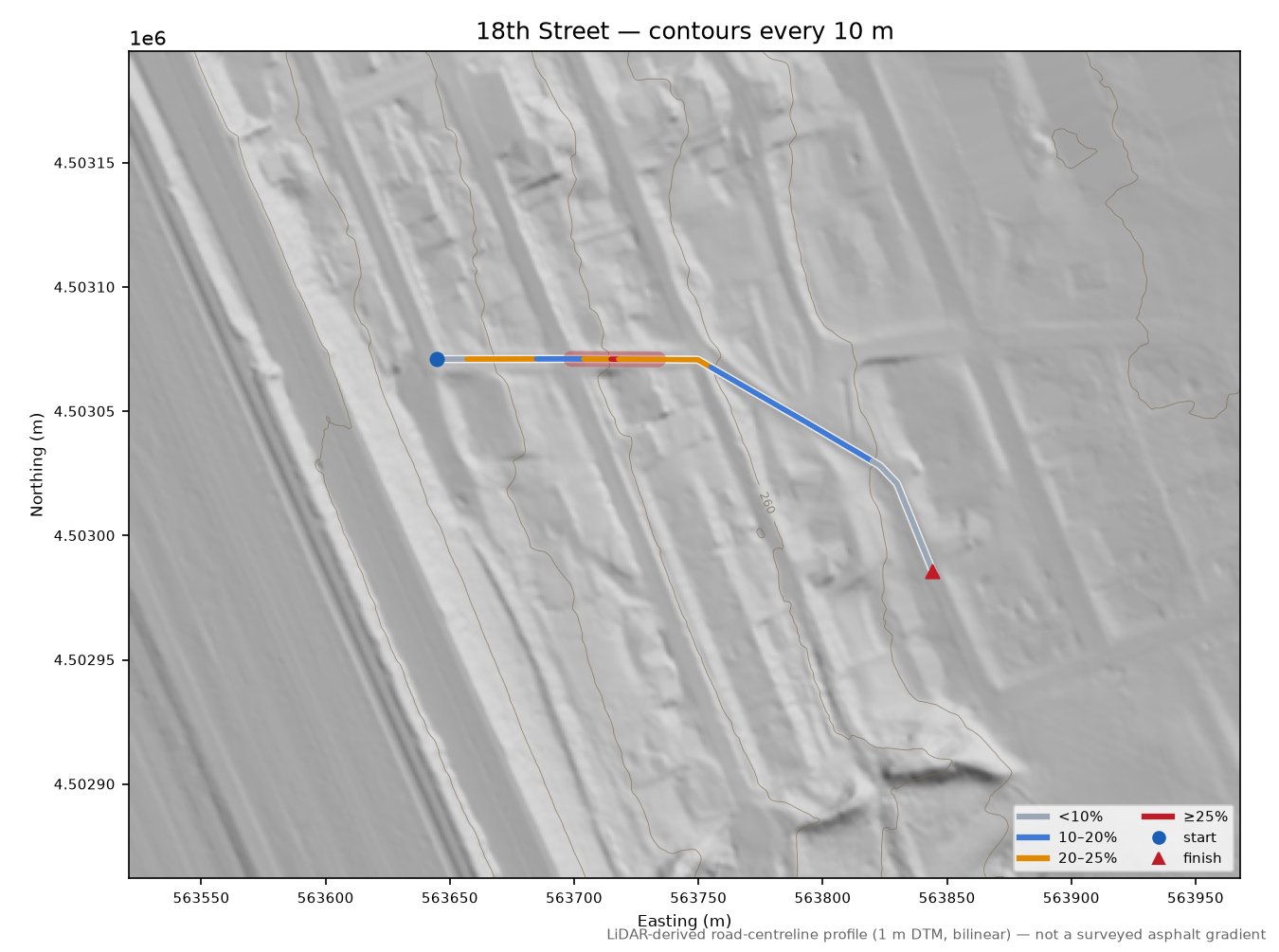 18th Street LiDAR hillshade map with contours