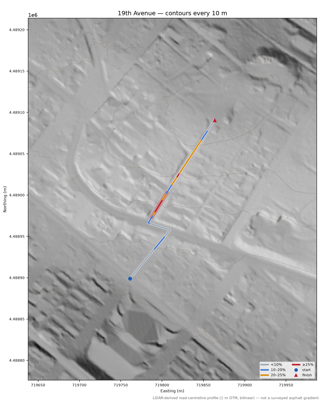 19th Avenue LiDAR hillshade map with contours