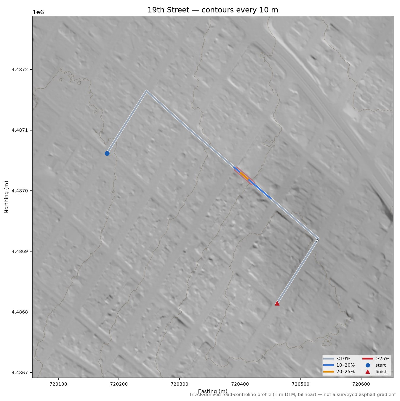19th Street LiDAR hillshade map with contours