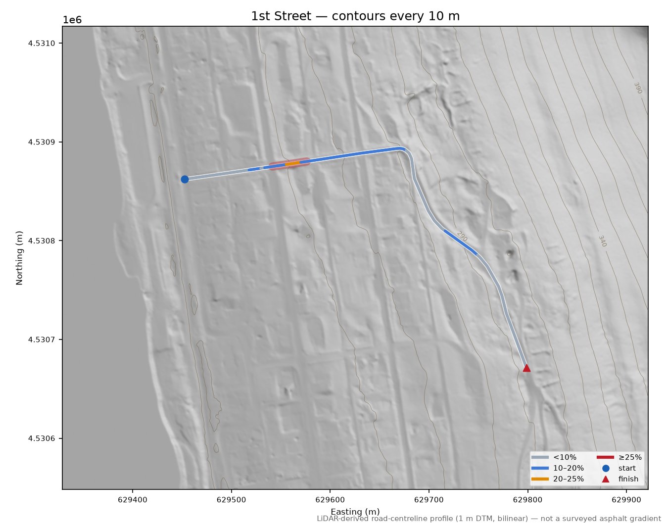 1st Street LiDAR hillshade map with contours