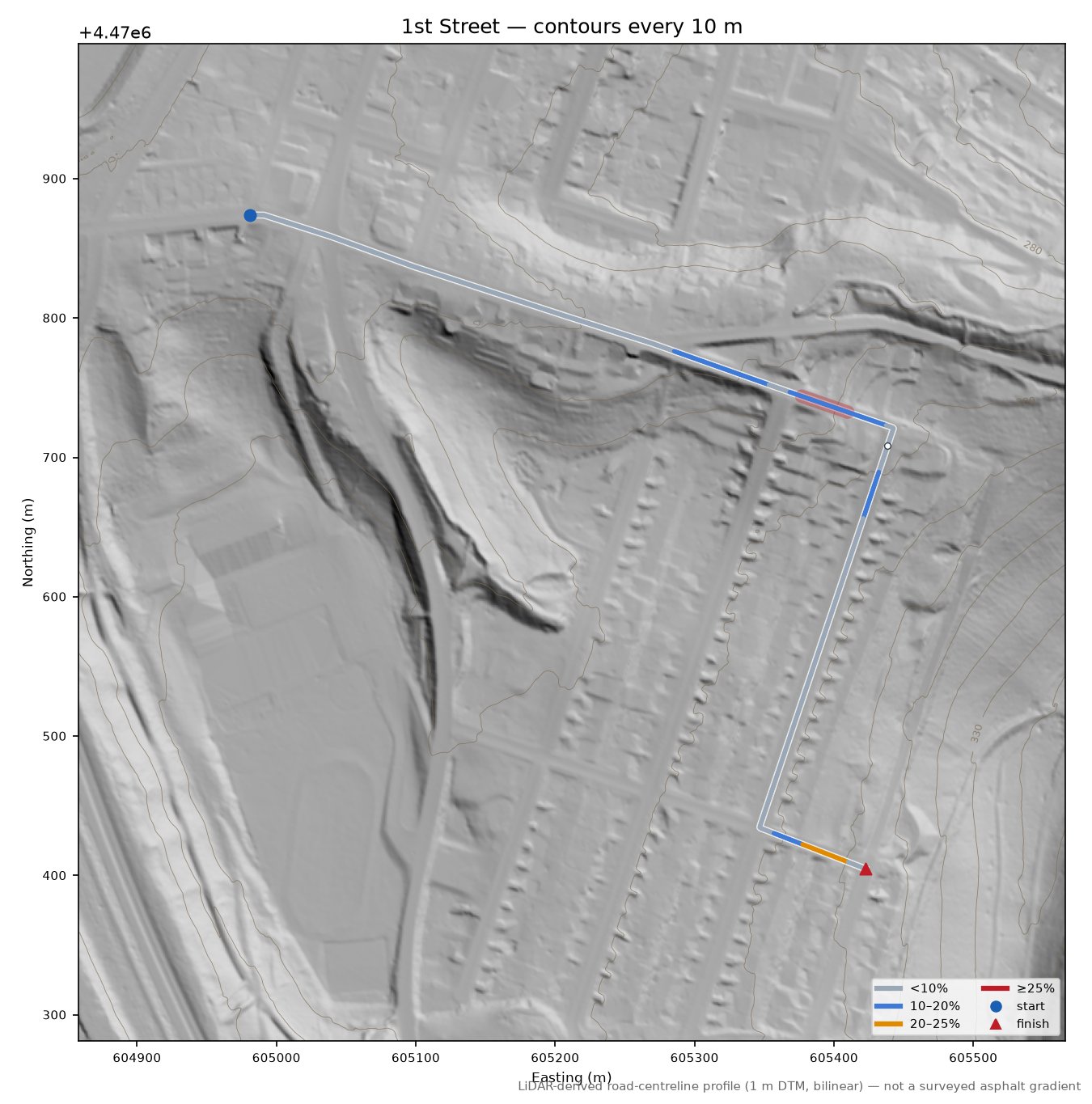 1st Street LiDAR hillshade map with contours