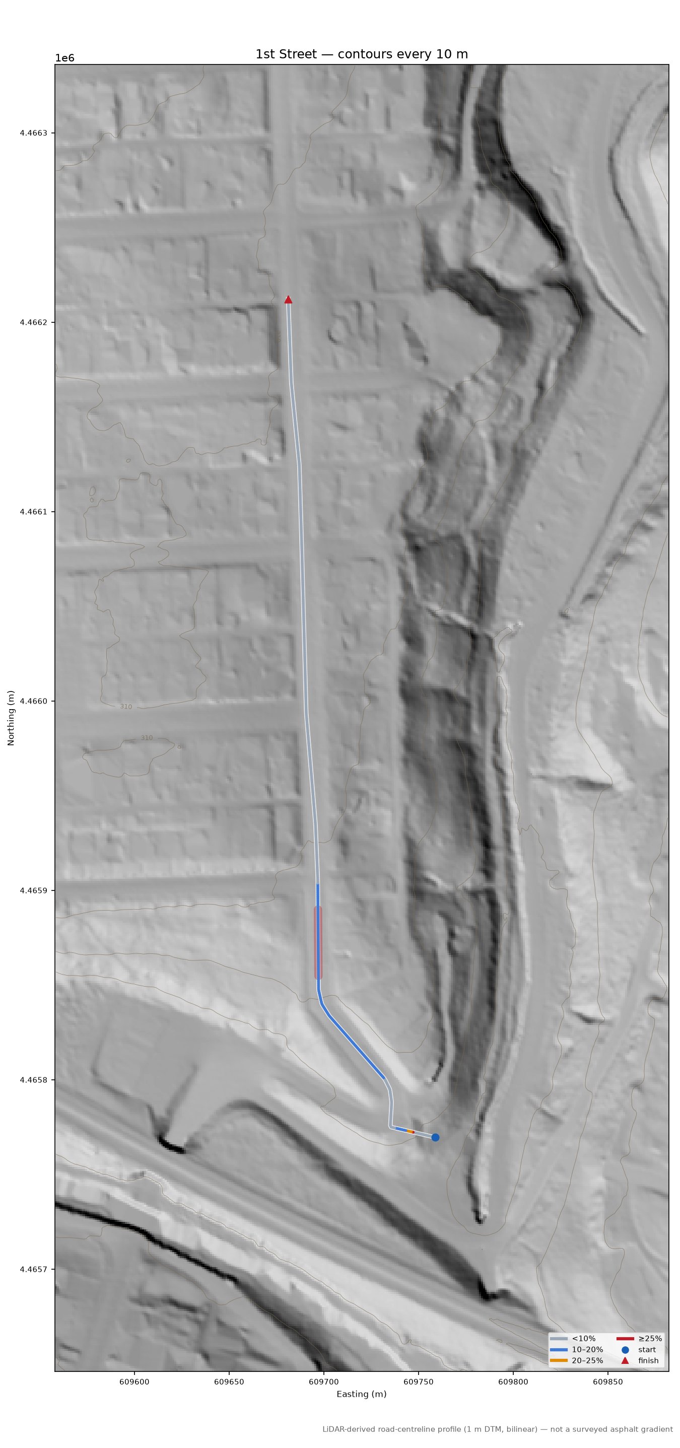 1st Street LiDAR hillshade map with contours